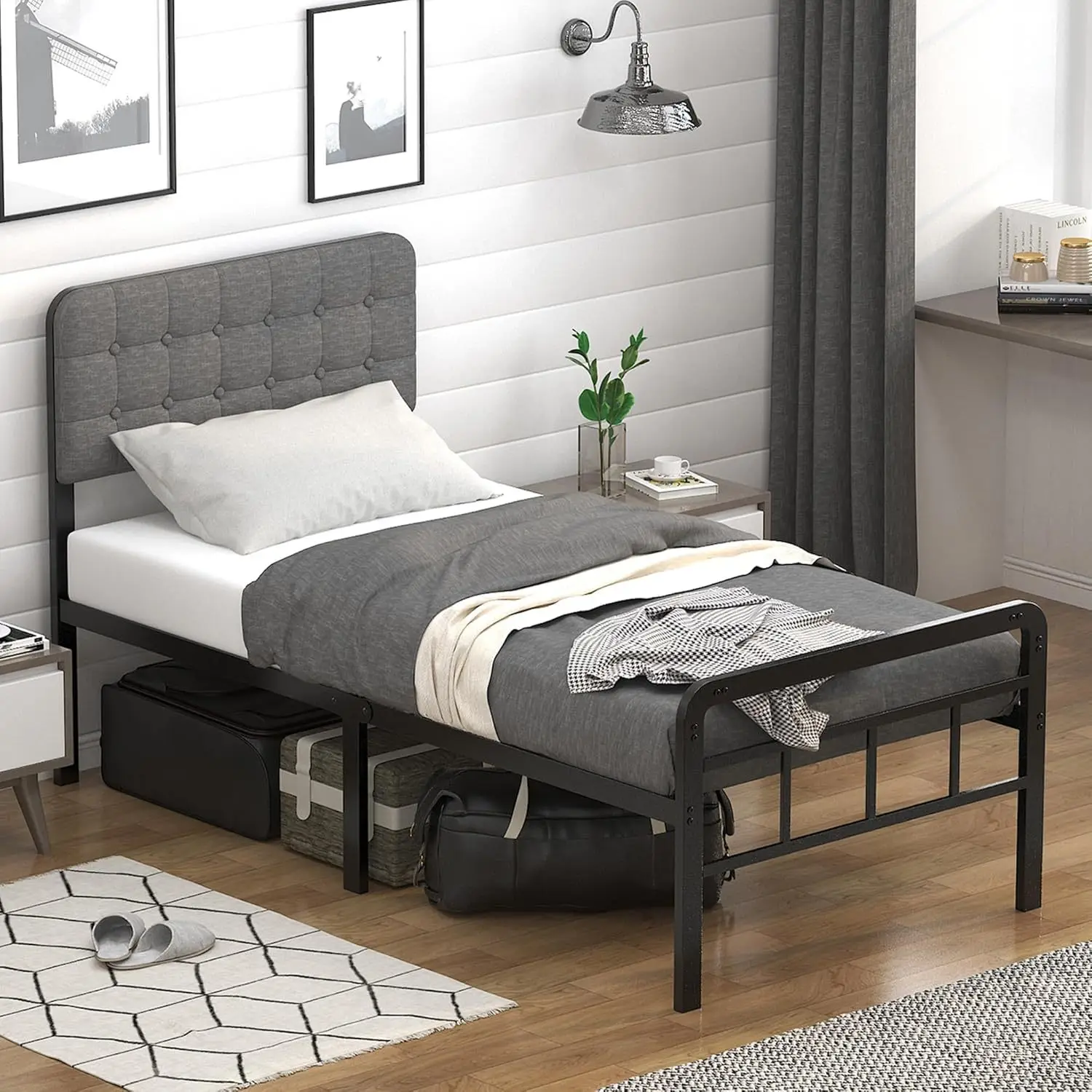 

Bedroom single with upholstered backrest headboard and metal feet soft bag bed frame
