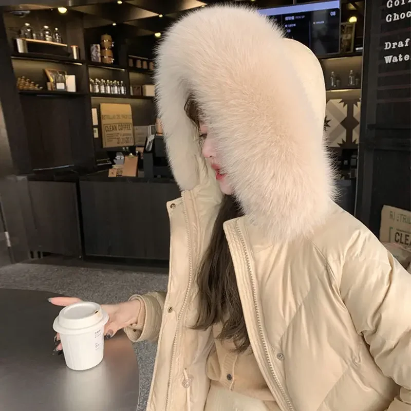 2025 Winter Jacket Women Down Coats With Real Fox Fur Collar Fashion Korean White Duck Down Warm Solid Outwear