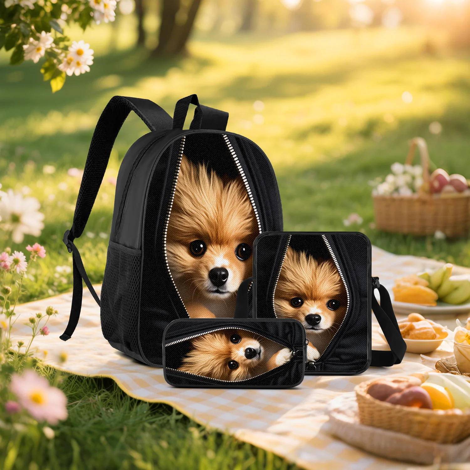 Peeking Pomeranian Dog Zipper Print 3-Piece Backpack Set with Crossbody Bag Pencil Case for School Travel Daily Use