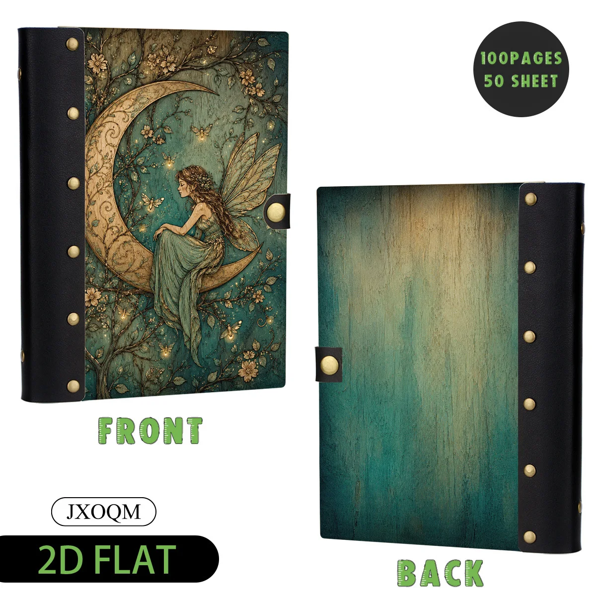 1PC Moon Fairy Elf Wooden Hardcover Loose Leaf Notebook, 2D Flat Vintage Style, 6-Hole Metal Ring Binder, Black Leather Spine