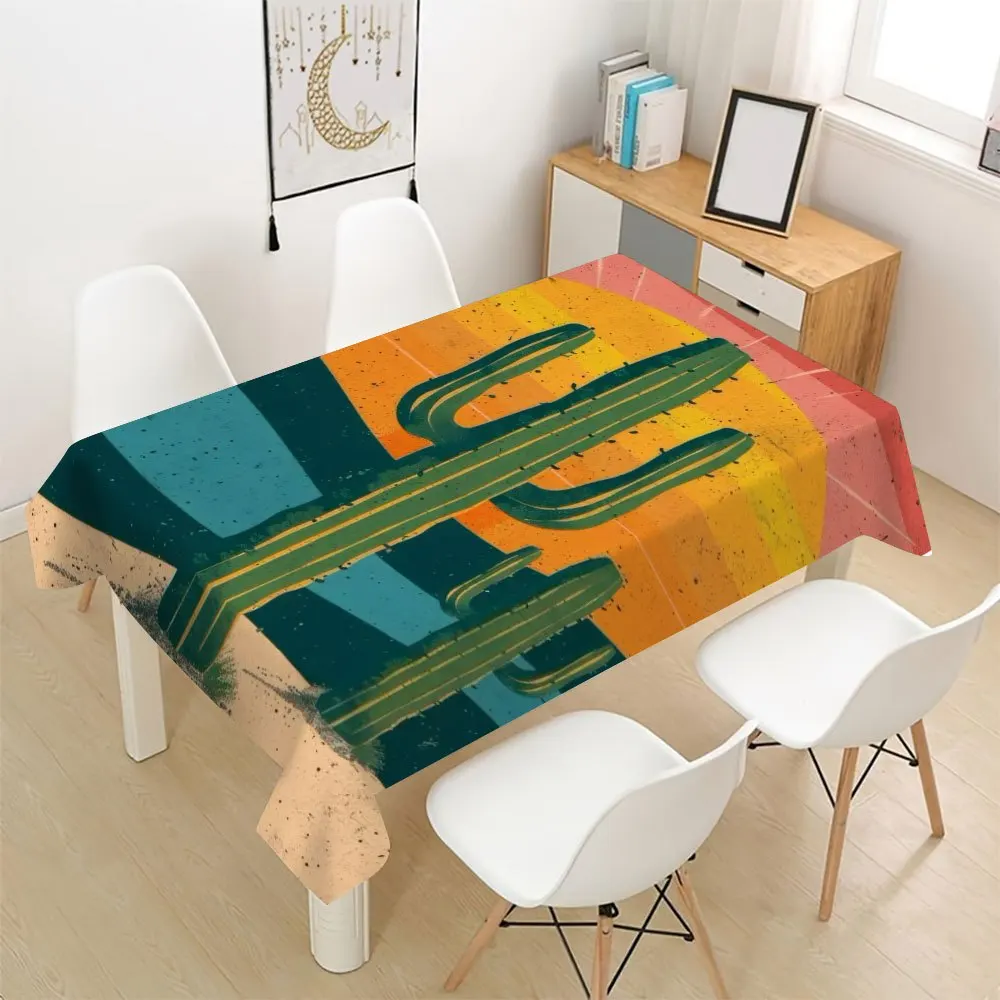 Vibrant Cactus Desert Boho Tablecloth Runner for Dining Room Kitchen Boho Decor Waterproof Table Cover
