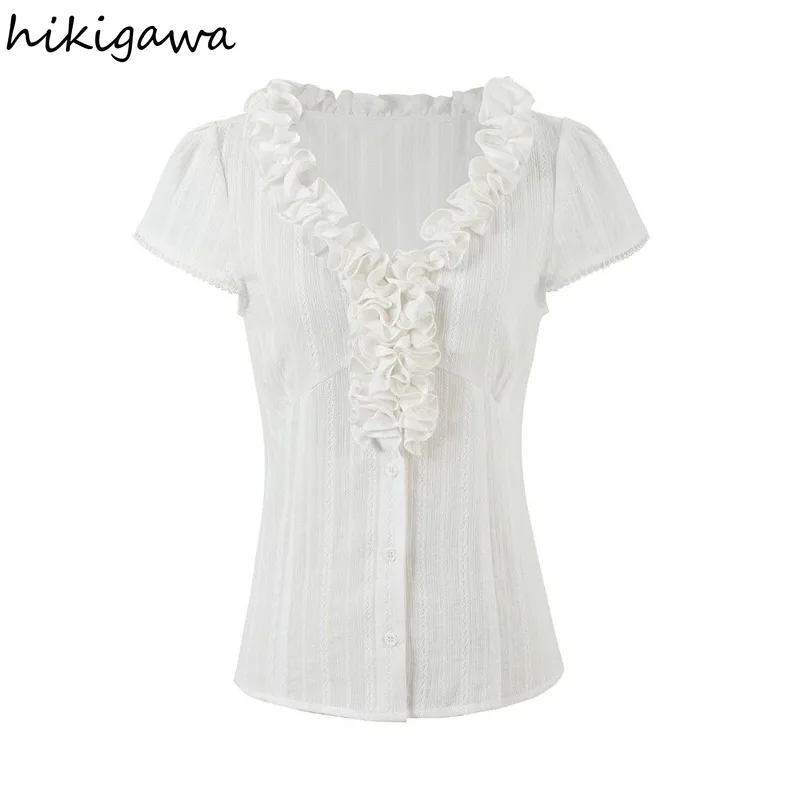 

Vintage Lady Tops Summer Women's Blouses V-neck Short Sleeve Tunic Shirts 2025 Blusas Mujer De Moda Ruffles Lace Sweet Blouse