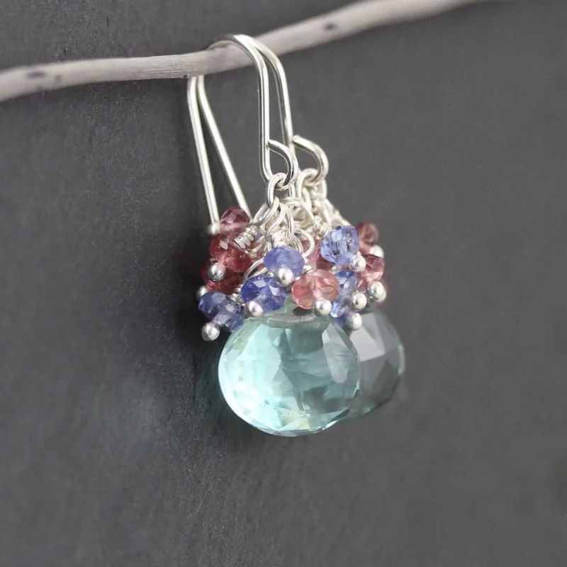 Green quartz, tanzanite, pink tourmaline earrings, and green amethyst jewelry for ladies