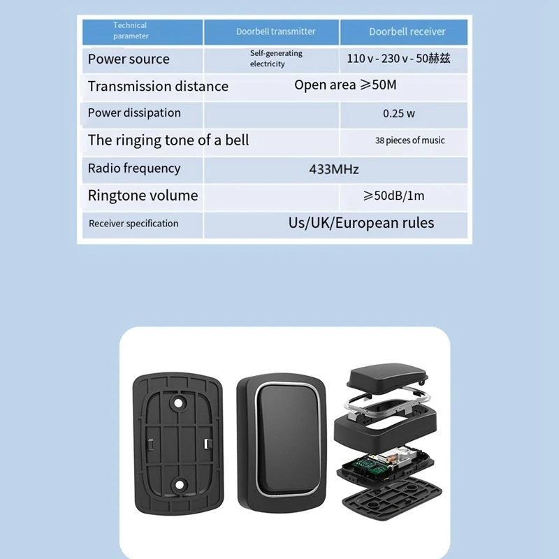 جرس باب لاسلكي يعمل بالطاقة الذاتية بدون بطارية مقاوم للماء جرس الباب الرنين الدائري المسنين المتصل جهاز أمن الوطن