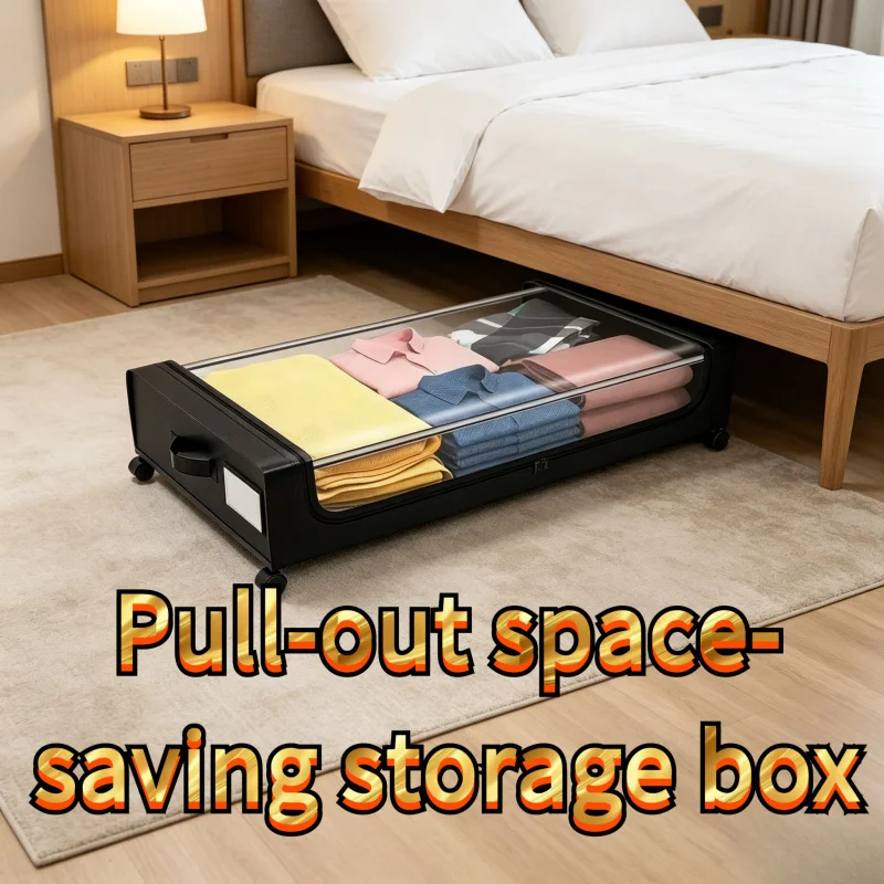 

Single Black Square Underbed Storage Box with Wheels and Lid, Pull-Out Organizer for Shoes Clothing, Ideal for Dorm & Bedroom