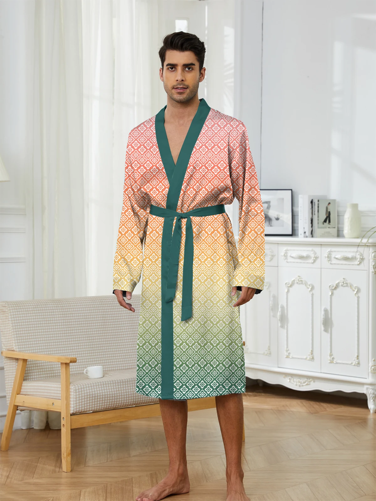 Men's long robes with fun digital printing and casual quick drying, the trend of men's bathrobes in spring and autumn home decor