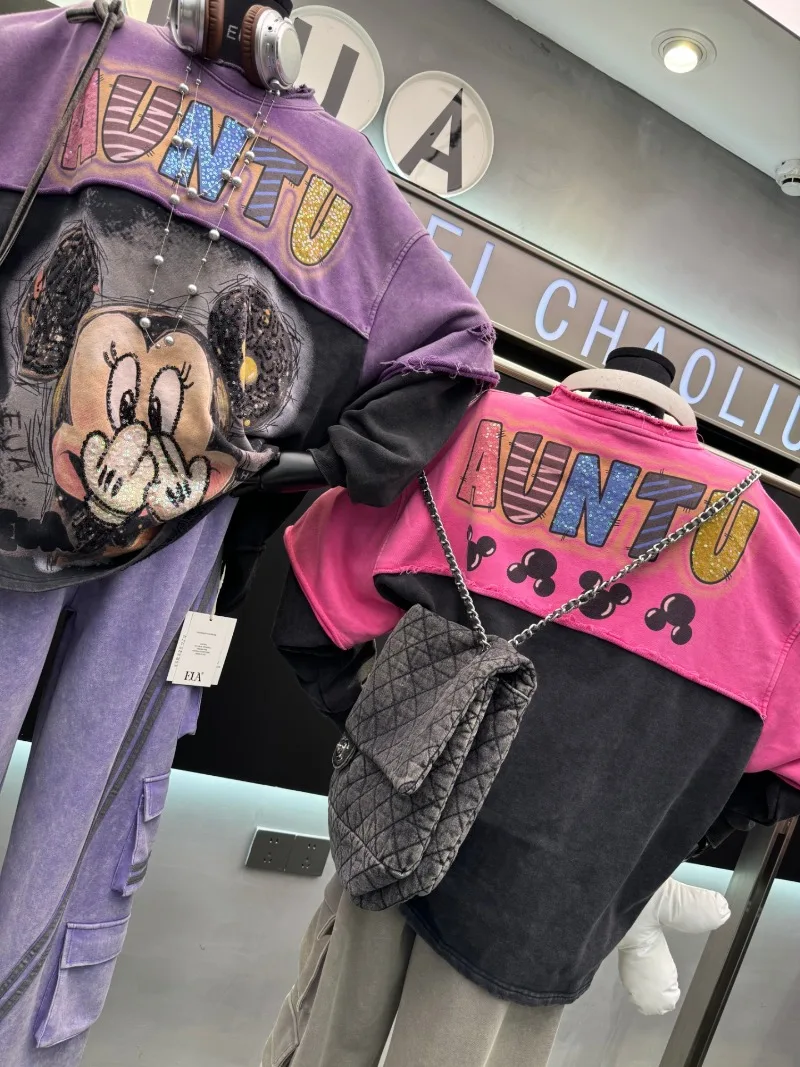 Heavy Industry Color Block Cartoon Sweatshirt Women's Loose Casual Slimming Top 2025 Autumn New Long Sleeves Pullover Sudaderas