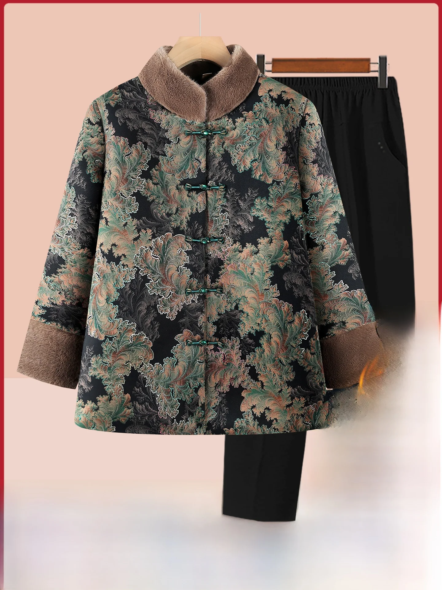 高齢女性の冬用綿ジャケット-フリース裏地付き-伝統的な中国風の長ズボン-シングルボタン留め-暖かいコート