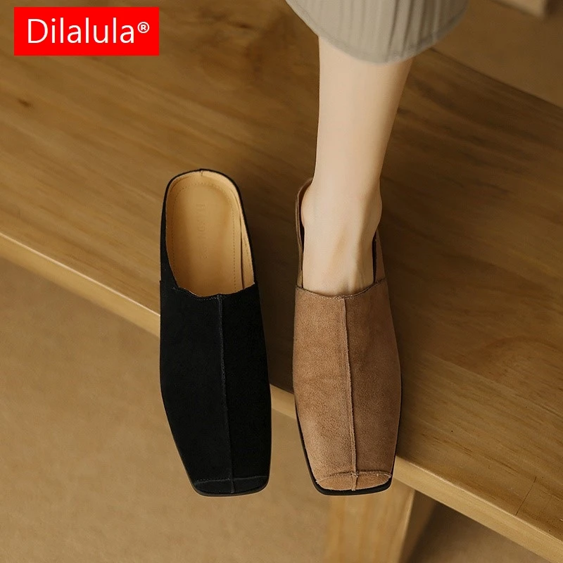 Dilalula Retro Genuine Leather Kid Suede Covered Toe Slippers Women Med Wedges Heels Leisure Soft Leather Mules Female 2024