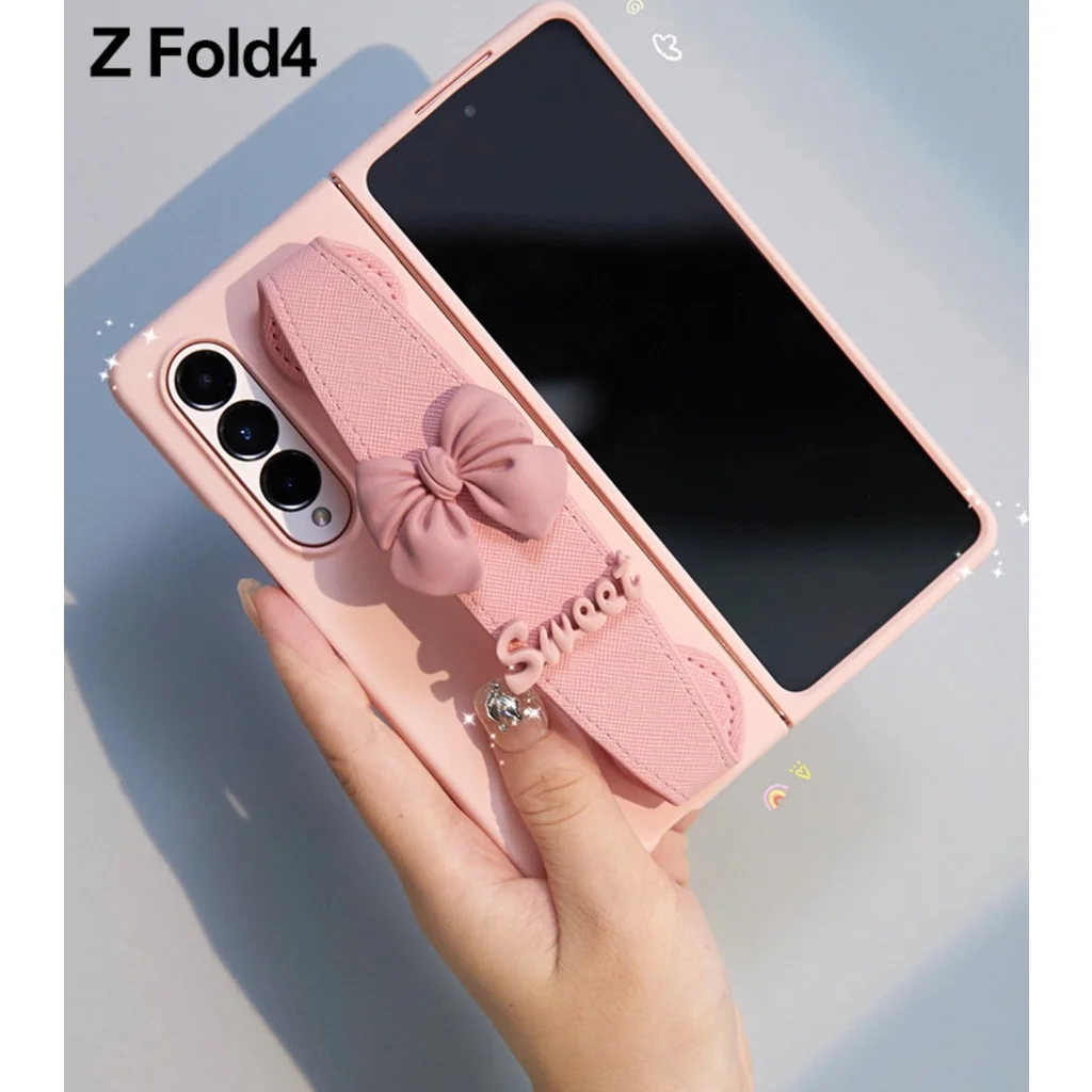For Samsung Galaxy Z Fold 7 6 5 4 3 2 5G Phone Case Fashion Cute Bow Wrist Band Bracket Pink Matte Cover