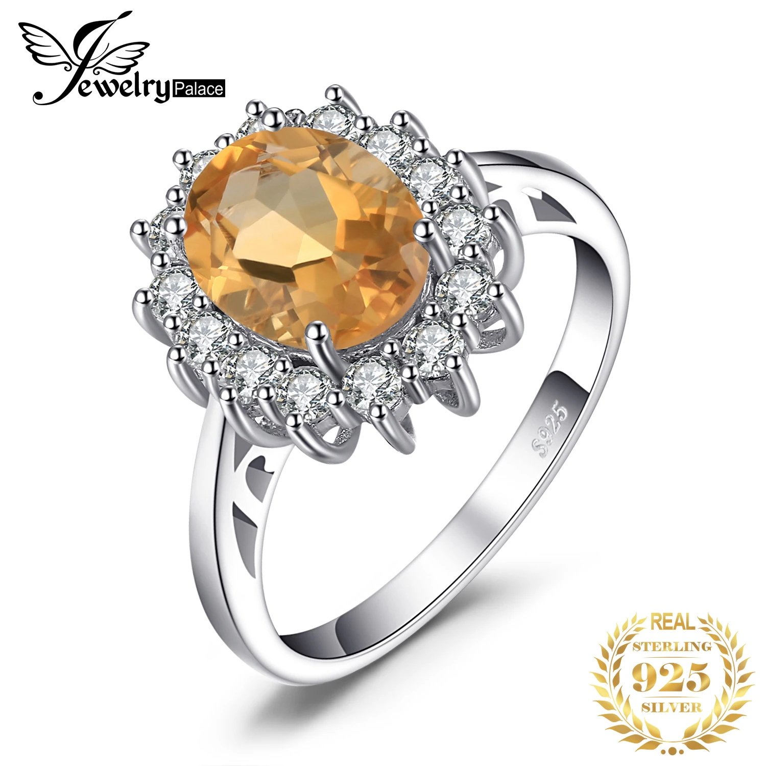 JewelryPalace 1.8ct Princess Diana Natural Citrine 925 Sterling Halo Ring for Woman Wedding Engagement Jewelry Party Fine Gift