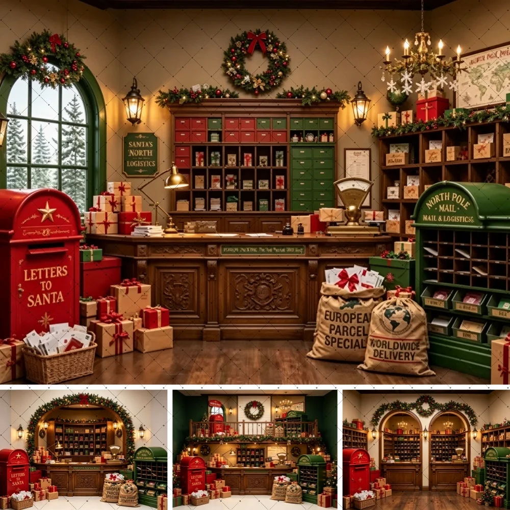 Christmas Santa Post Office Scene Backdrop Mailbox Parcel Sack Wreath Decor For Holiday Family Studio Photography Background