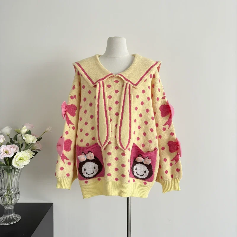Lazy Style Doll Collar Loose Pullover Sweater for Women Autumn and Winter Designed Bow Knot Age-reducing Large Size Sweater