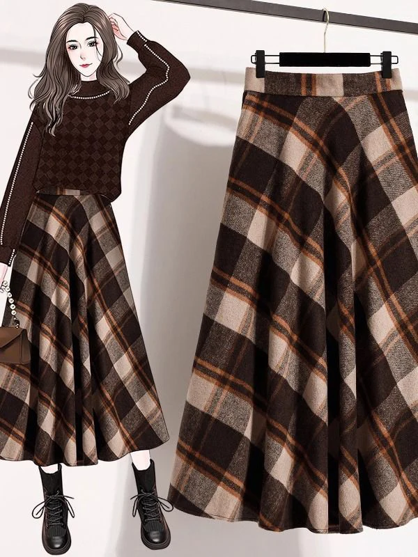 

plus Size 300 Pou High Waist Midi Skirt Women's Autumn Winter Plaid Woolen Skirt A-Line Skirt Comfortable Fit Korean Sle