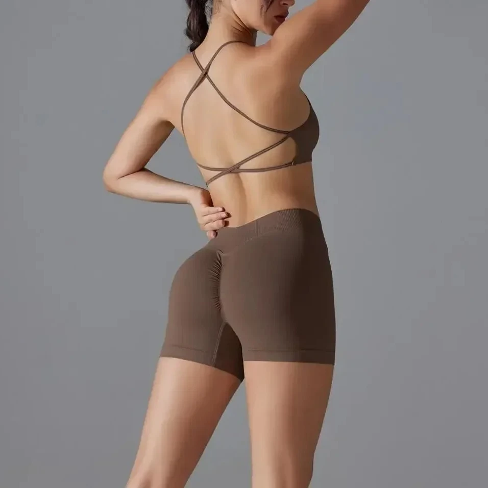 Damen-Set, nahtlos, einfarbig, überkreuzter Rücken, hohe Elastizität, eng und sexy Sport-BH, Yoga-Anzug-Set, Laufen und Fitness, zweiteilig