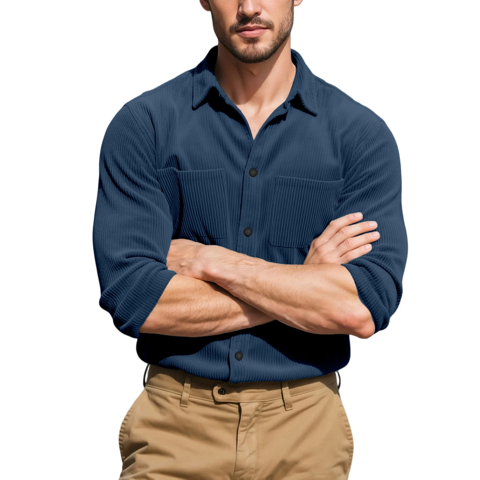 

Мужской осенний повседневный вельветовый пуловер с лацканами и длинными рукавами, однотонный однобортный верх с нагрудным карманом