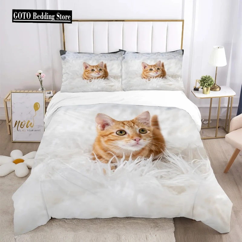 Cute Cat Bedding Comforter Set King Size,Duvet Cover for KidsTeens Boys Girls, Animal Pet Theme Bed Set +Pillowcases Bedclothes