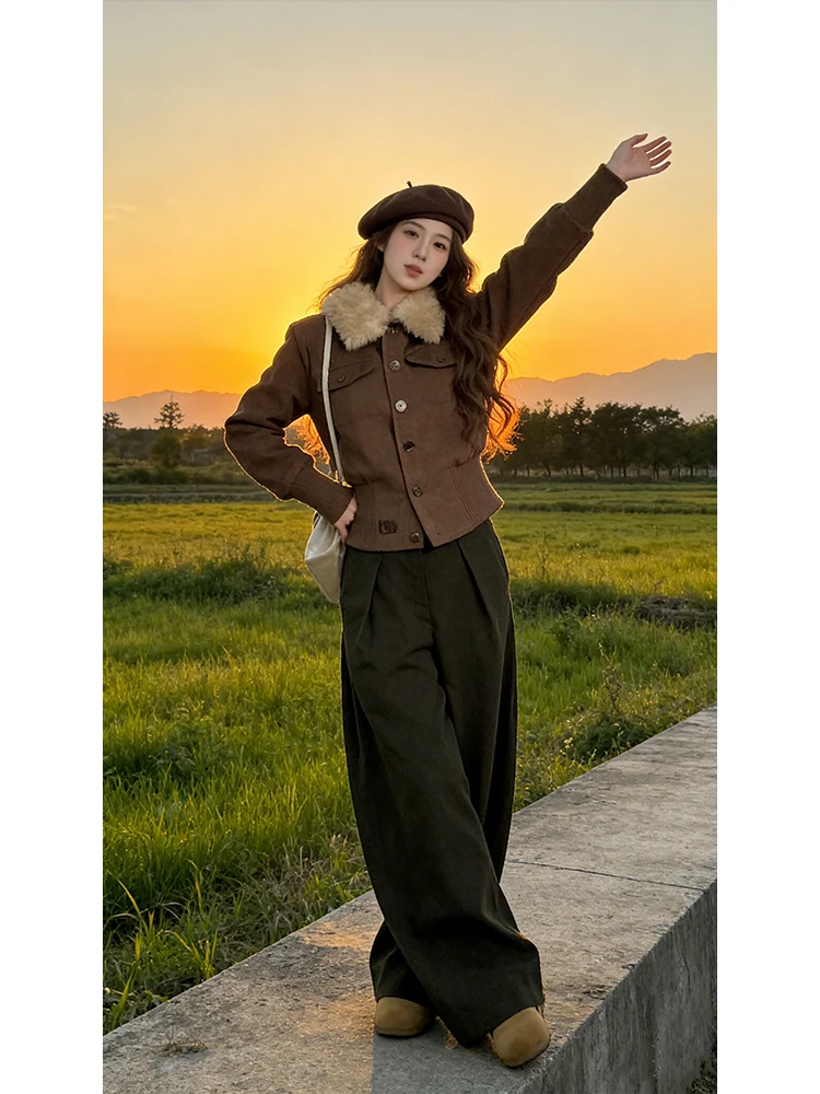 Slimming Short Fluffy Coat with Stand Collar Button up Design for Women Autumn Winter New Style American Fashion Waist-Cinching