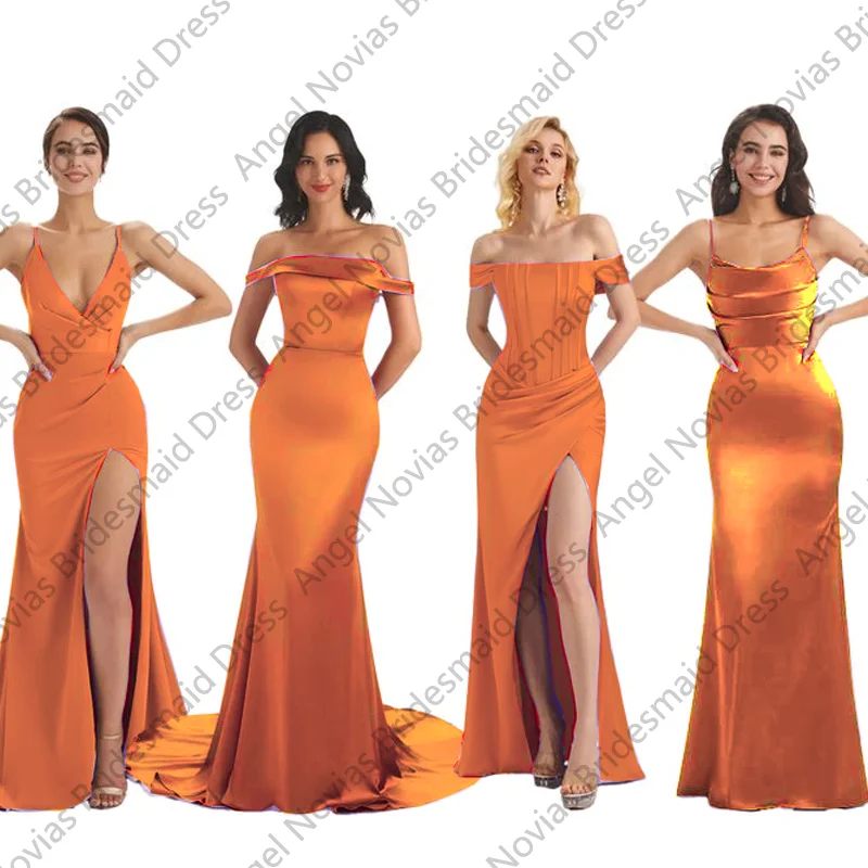 Customized  Maid Of Honor Dress Burnt Orange Bridesmaid Dresses with Split Women Wedding Party Dress