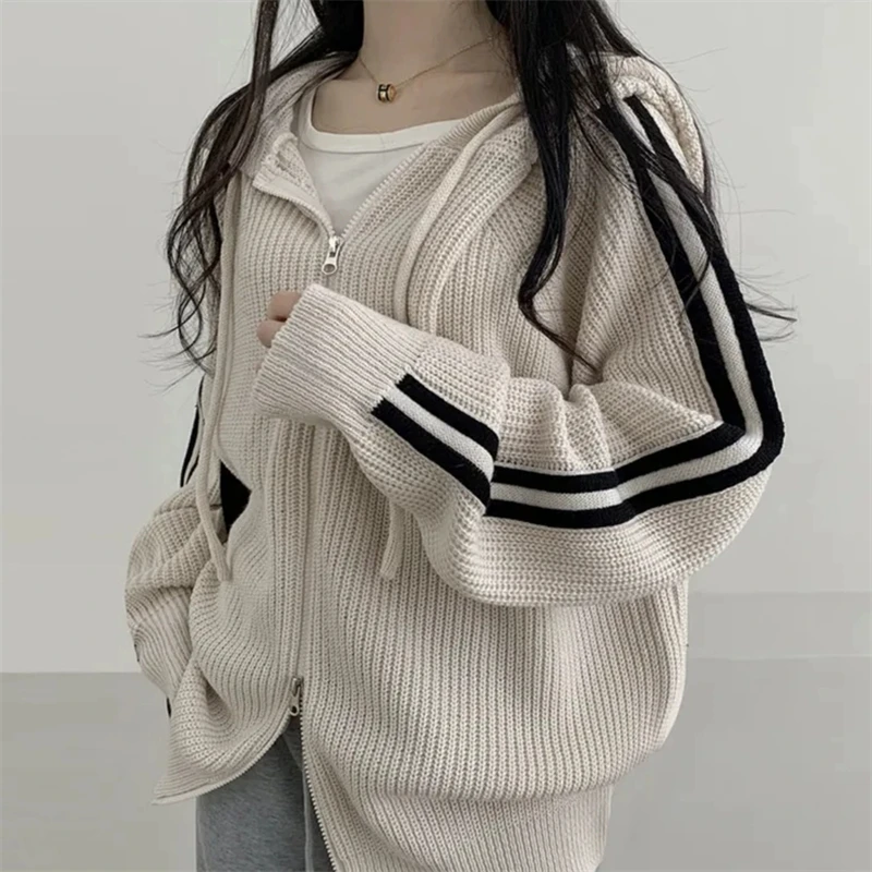 

autumn winter oversized y2k outer wear Korean zipper stripe knitted cardigan women's lazy wind lapel hooded sweater jacket coats