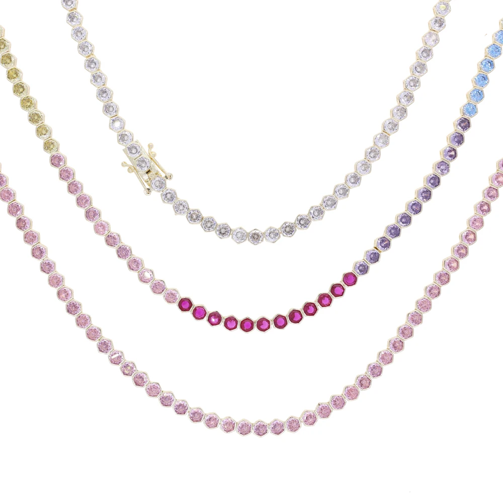 4MM Bezel Setted CZ Tennis Chain Geometric Choker Necklace For Women Iced Out Luxury Rainbow Pink White Stone Paved Jewelry