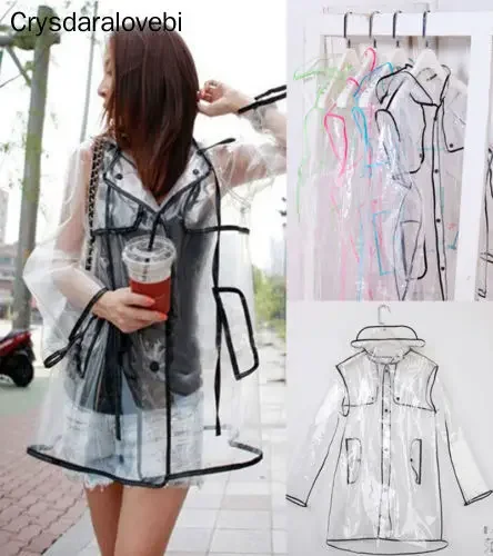 1pc Women Transparent Raincoat Belted Waterproof Jacket Clear Rain Hooded Coat Poncho Household Products