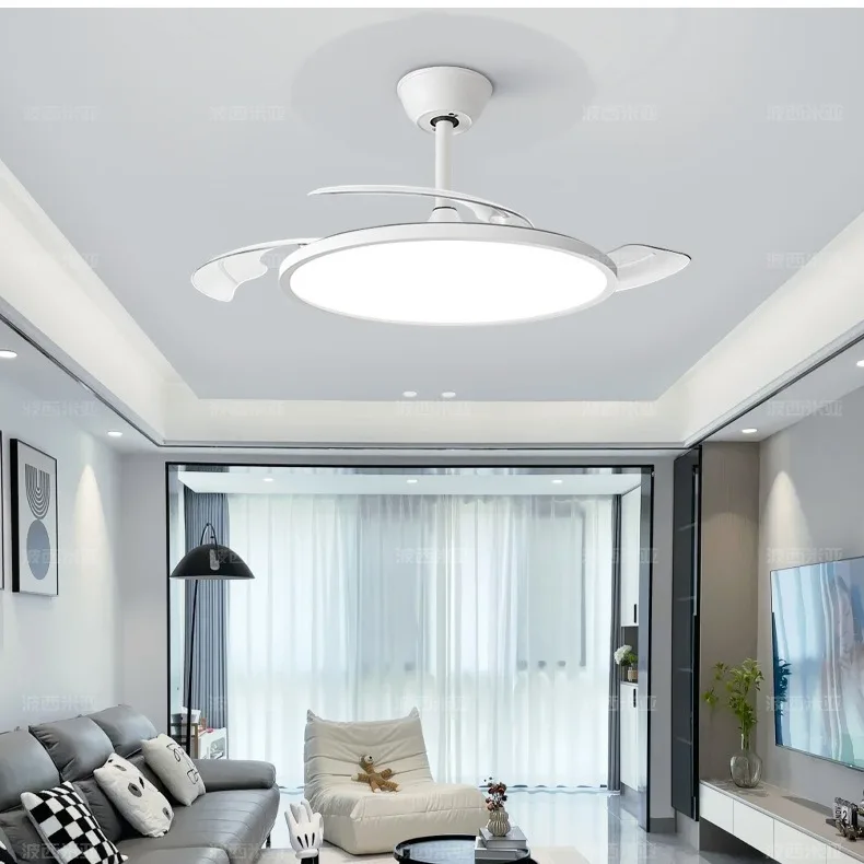 New Ultra-Thin Chandelier Fan LED Invisible Ceiling Fan with Light 3 Folding Blades Pendant Light Kitchen Living Room Office