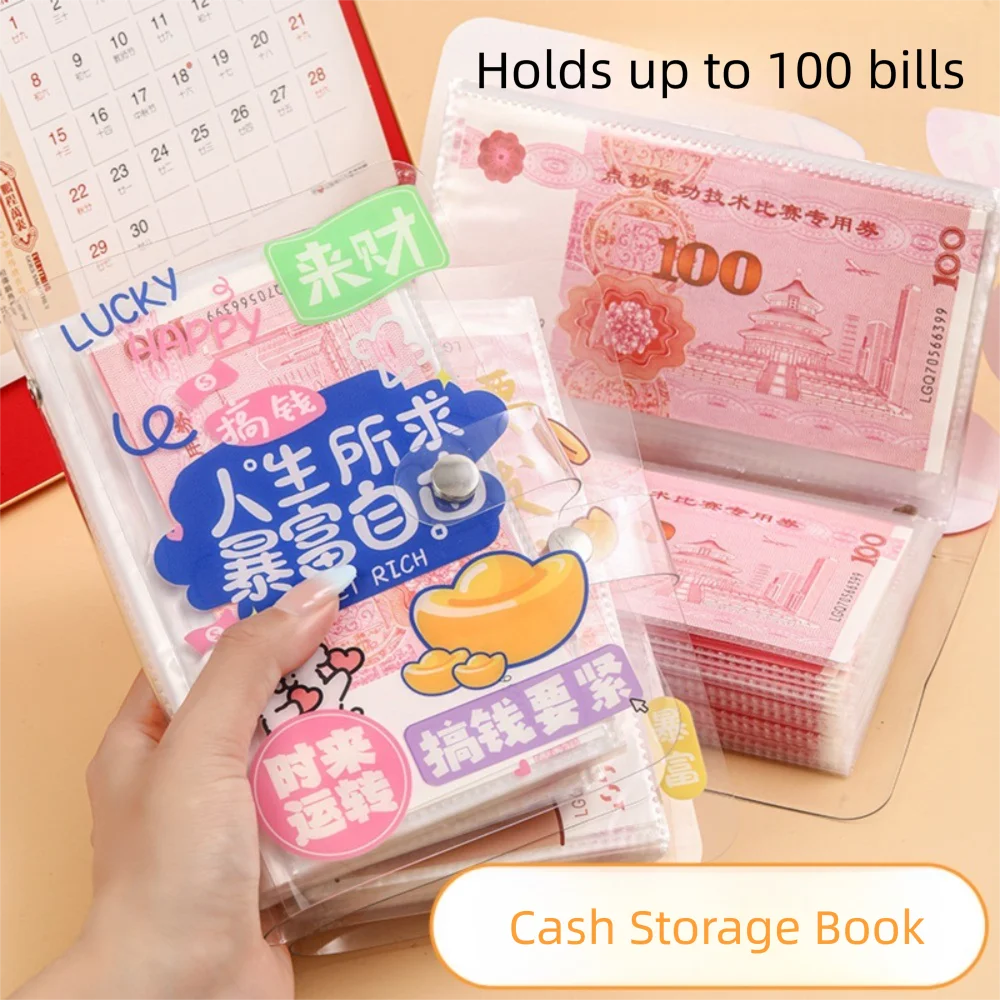 Get Rich Overnight 100 Envelopes Money Saving Challenge Transparent PVC Money Collection Book Cartoon Waterproof Savings Binder