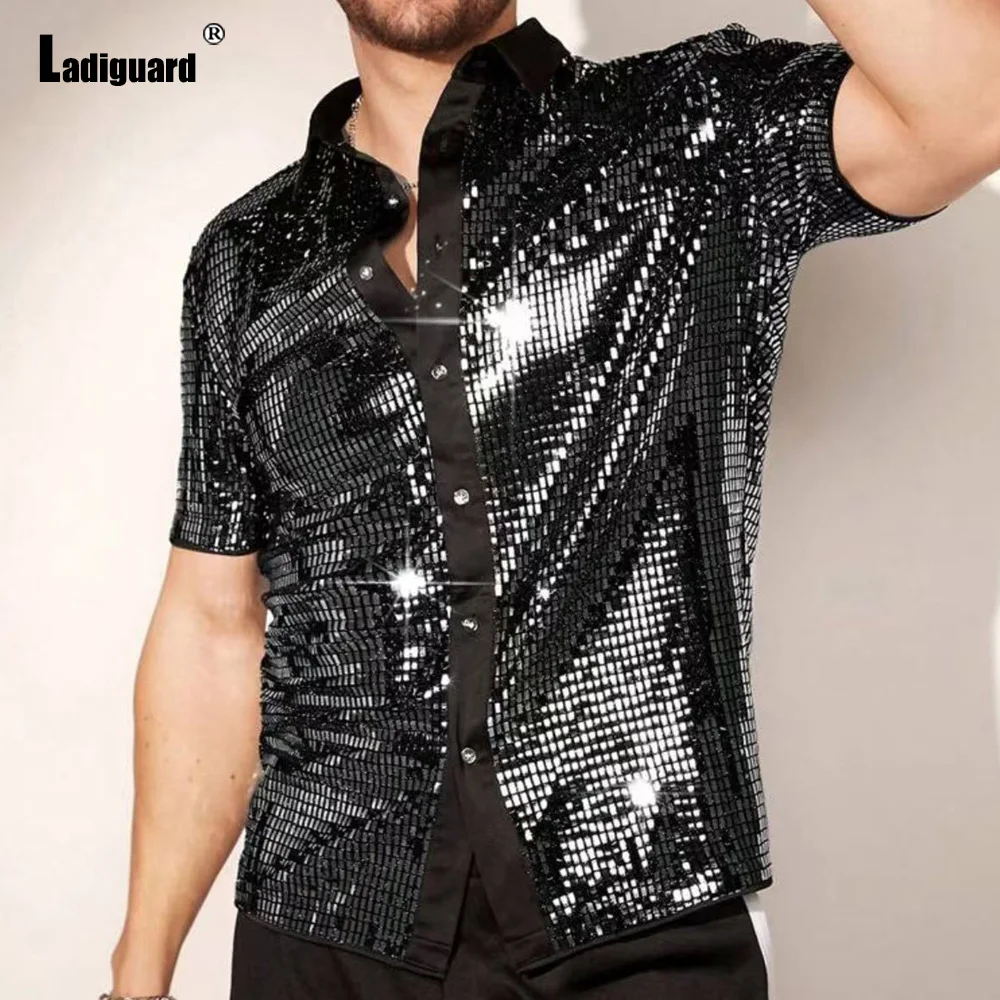 Men's Grunge Dance Club Shirt Men Short Sleeve Notched Casual Sequins Tops Latest Stand Pocket Pullovers Sexy Mens clothing 2025