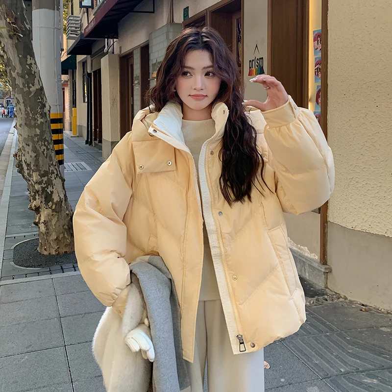 2025 الخريف الشتاء سترة منفوخة المرأة رشاقته أسفل القطن مبطن معطف فضفاض الإناث مقنعين الصلبة طويلة الأكمام سترات قصيرة #4