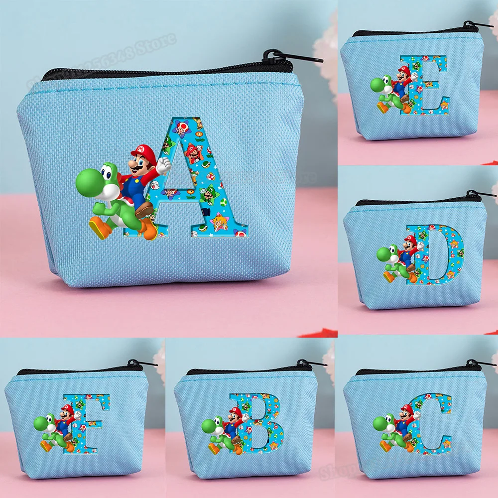 Mini billeteras con estampado de letras de Super Mario Bros para niños, monedero de lona, tarjetero de identificación, bolsa de almacenamiento con cremallera