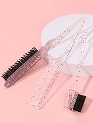 3-piece plastic transparent comb set, equipped with double-sided edge control brush, triple tear brush, and pointed tail comb