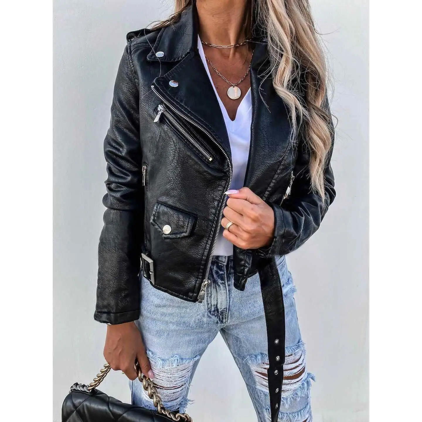 Motorcycle Jacket Women Fur Coat Leather Thickened PU Leather Zipper Closure Slim Fit Long Sleeve Coat for Autumn Season