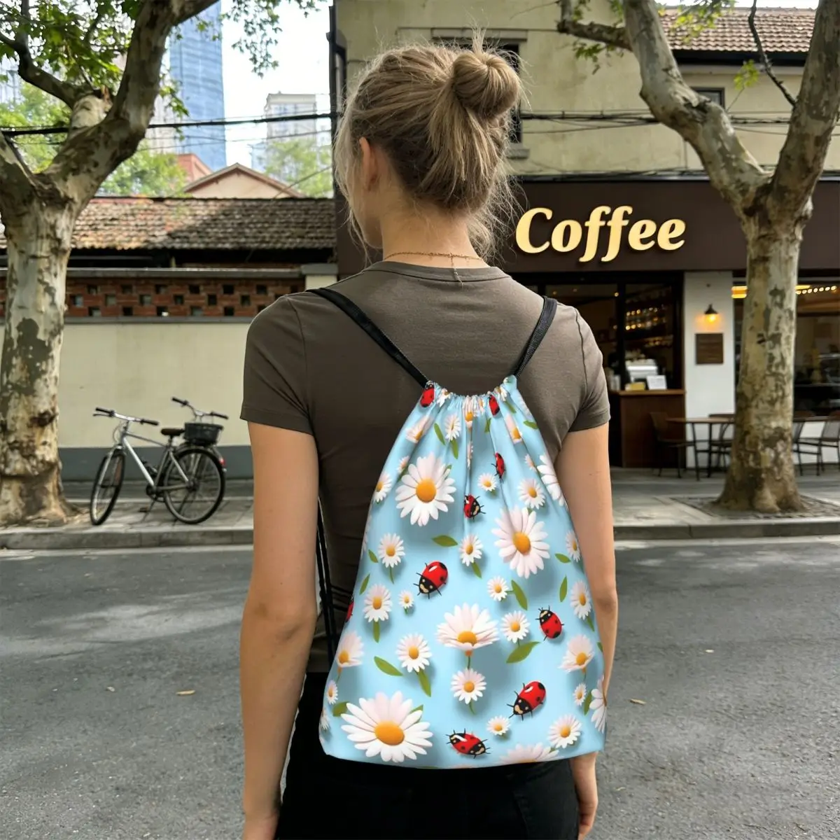 

Daisy And Ladybug Pattern Backpacks Fashion Drawstring Bags Storage Bag Book Bags for Travel School