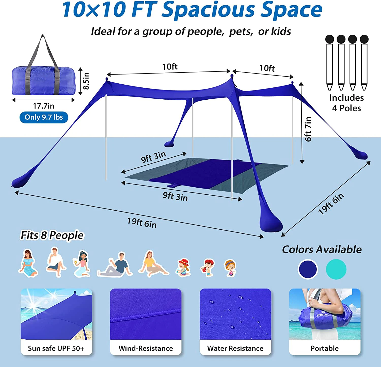 Imagem -04 - Família Beach Sunshade com Esteira e Pólos Sombra Grande Camping Canopy Piqueniques de Festa Quintal Upf50 Plus 10x10 Pés