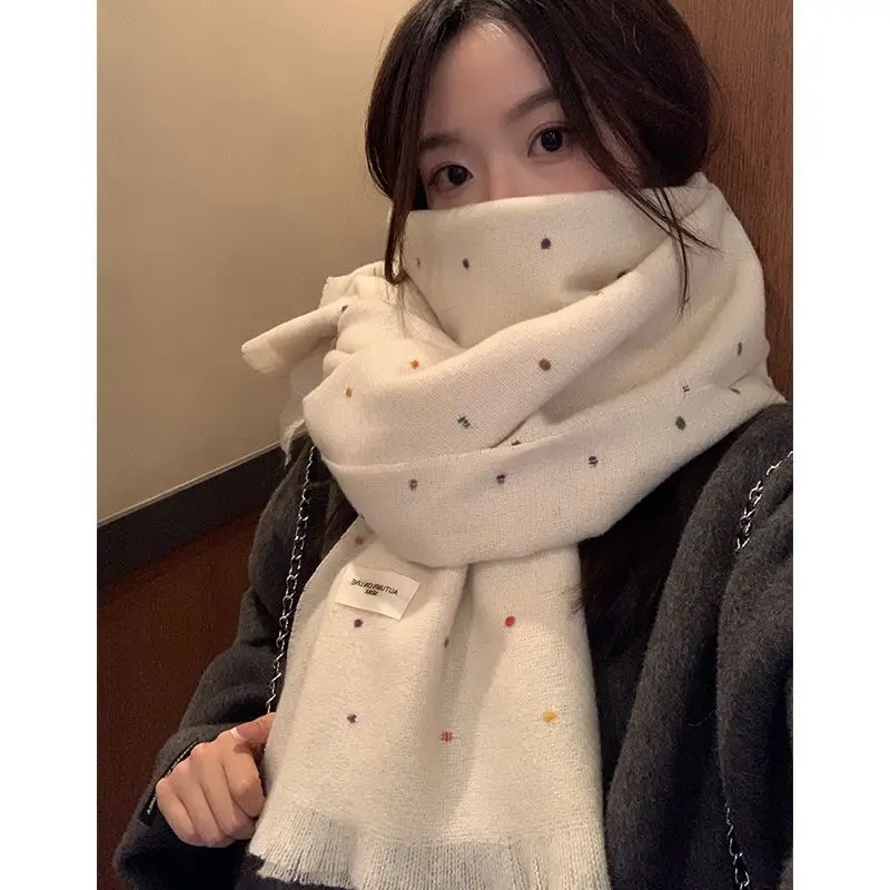 

Autumn Winter Retro Cashmere Scarf Fashion Woman Versatile Polka Dot Color Matching Pashmina Thick Warm Shawl Neckerchief Shawl