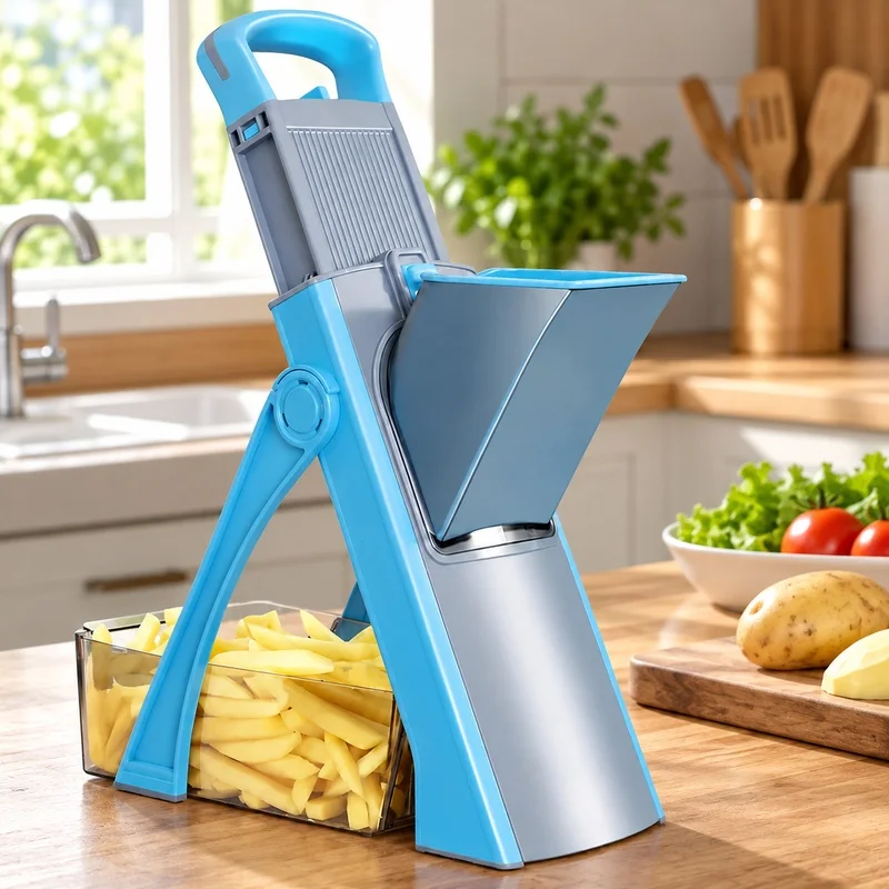 Adjustable 4-Function Vegetable Slicer for Kitchen Use, Includes Dicing and Julienne Options, Safety Features, Sky Blue Finish