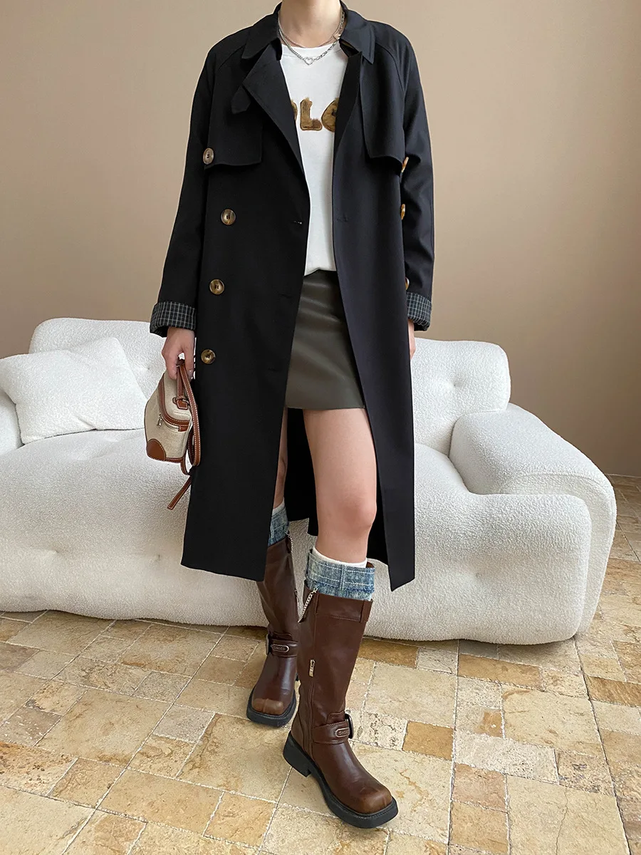 

Early autumn new high-end British style classic double breasted lace up long windbreaker jacket