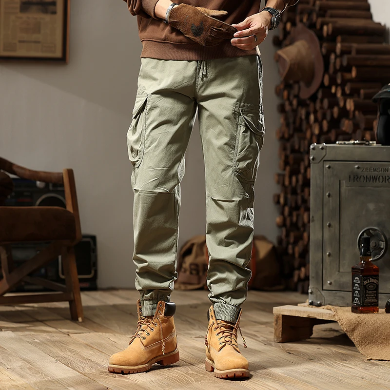 

Men's Clothing Vintage Trousers Fashion Pockets Spliced Safari Style Four Seasons Elastic Drawstring Basic Zipper Casual Pants