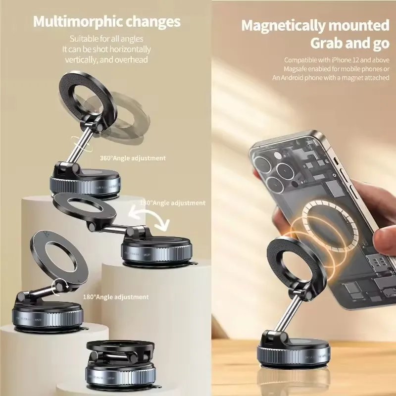 Car Phone Magnetic Stand Mechanical Vacuum Suction Cup Rotate 360° Magnetic Adsorption Bracket Navigation Universal Holder