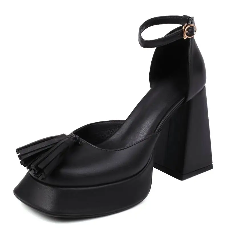 ASILETO Ladies Pumps Round Toe Chunky Heel 10.5cm Platform 3cm Buckle Strap Tassels Large Size 41 42 43 Sexy Party Shoes