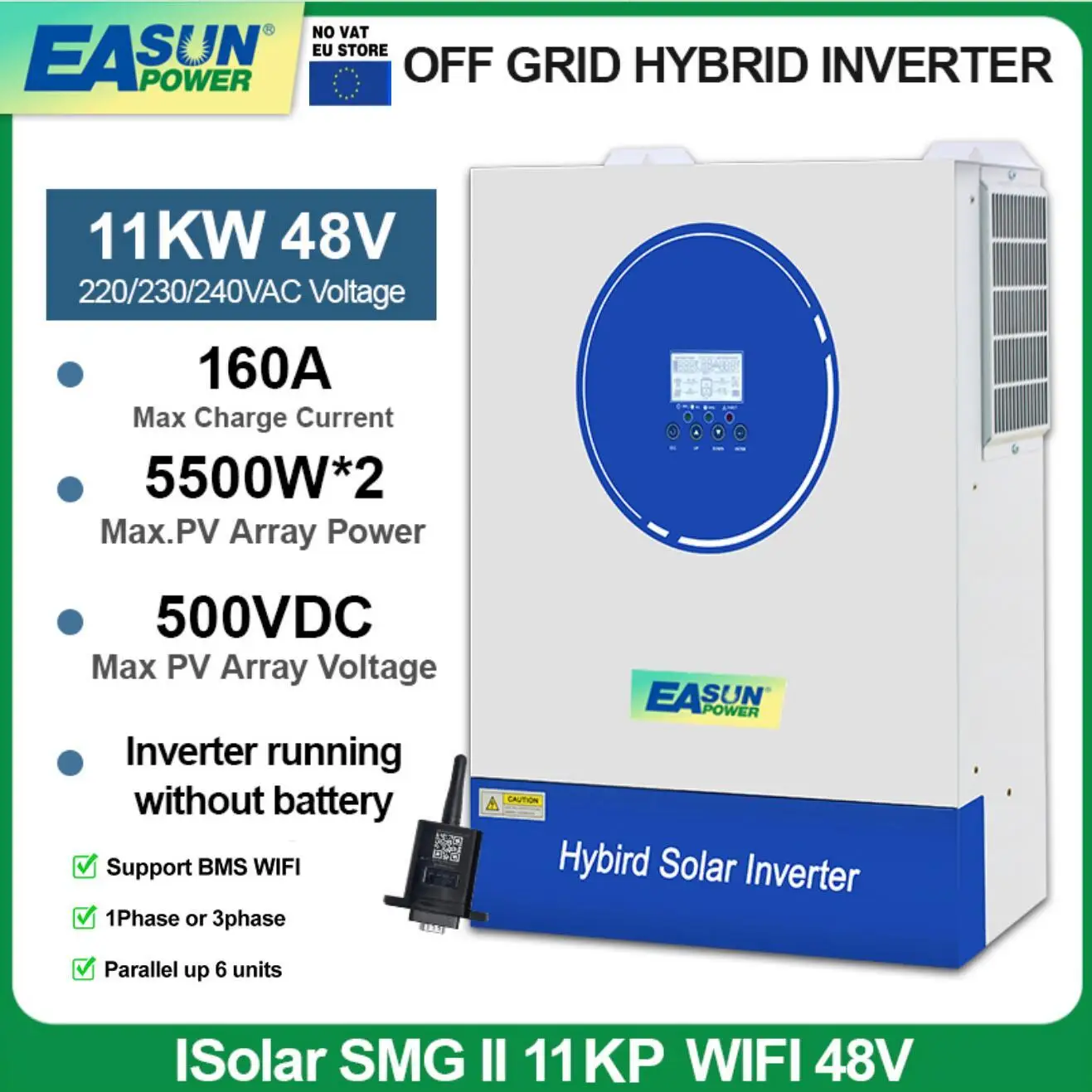EASUN Power Hybrid Solar Inverter 11KW 48V Off Grid Inversor 6.2KW 220VAC 4KW 24V PV Input 500VDC 150A MPPT With WIFI BMS in EU
