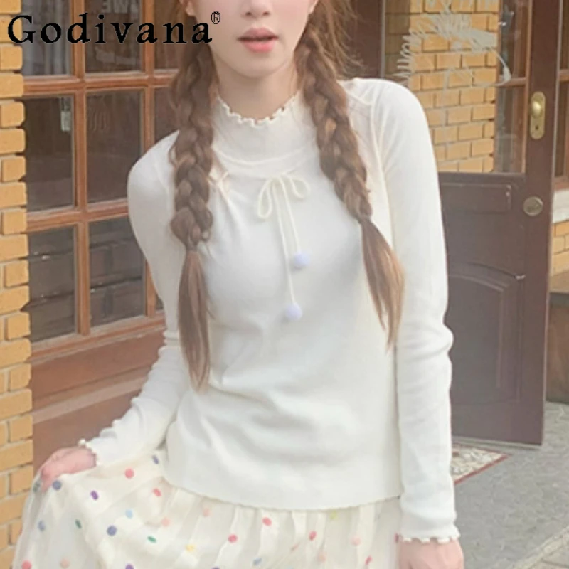 

Winter New Sweet Bow Beige Ruffles Knitted Long Sleeve Bottoming Top Fashion Girl Versatile Age Reduction Slim Lace-Up T-Shirt