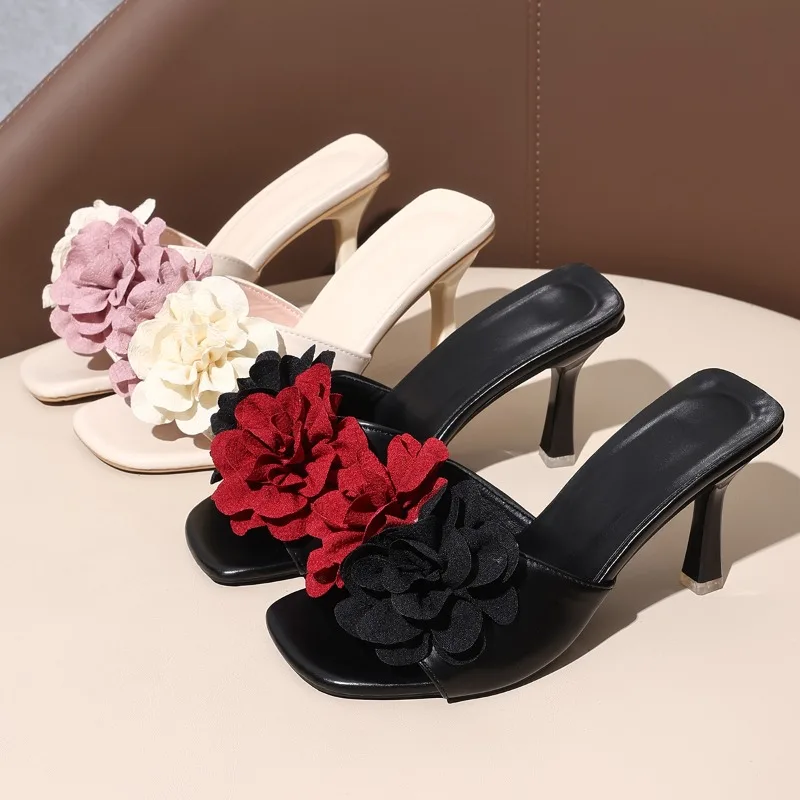 2025 Women's Shoes Open-toe Square Head Collocation Color Flower Decoration Outdoor Dress Bestseller Plus-size High Heels