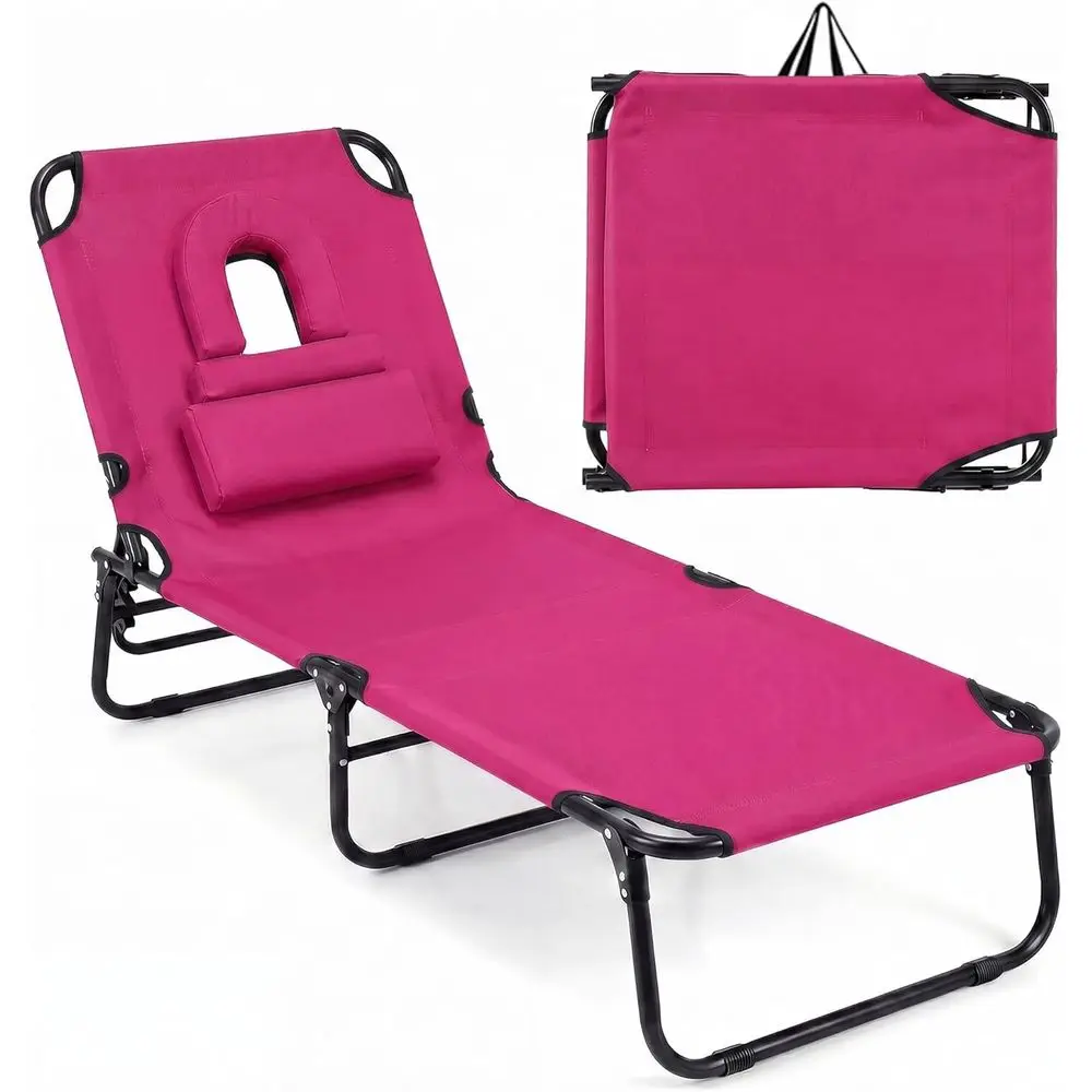 

Portable Adjustable Beach Lounge Chair with Hole, Removable Pillow, Carry Strap for Outdoor Relaxation