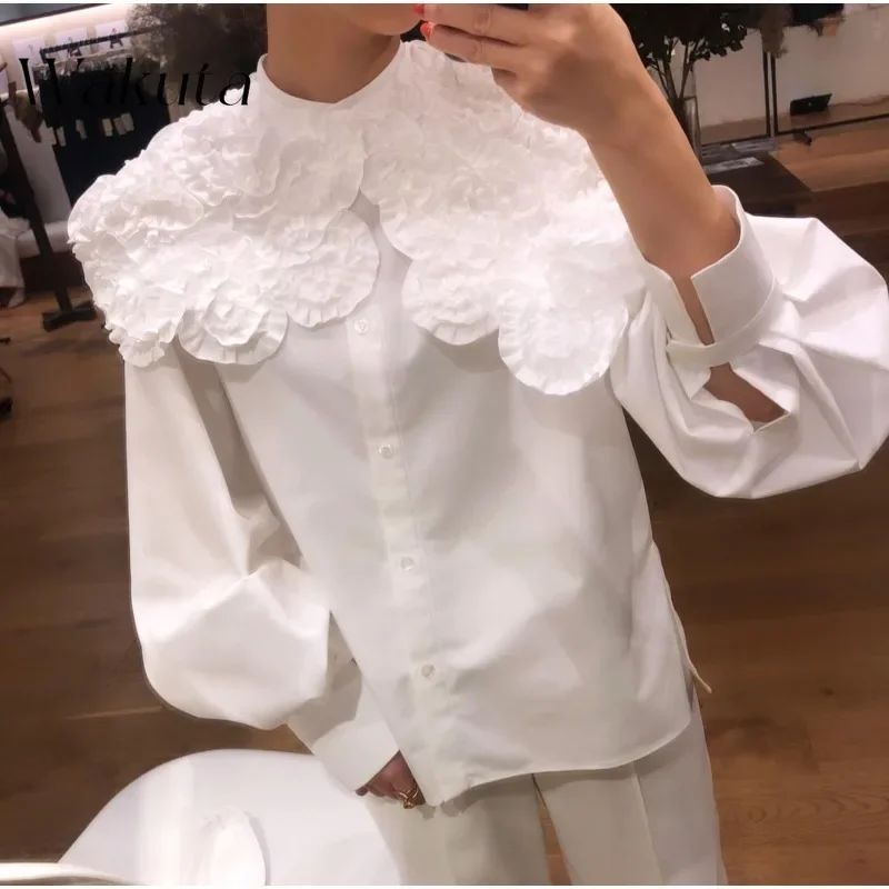 WAKUTA Fashion Retro Lapel Long-sleeved Chic Blouses Loose Single-breasted Sweet Women's Versatile Shirts Victorian Blouse White