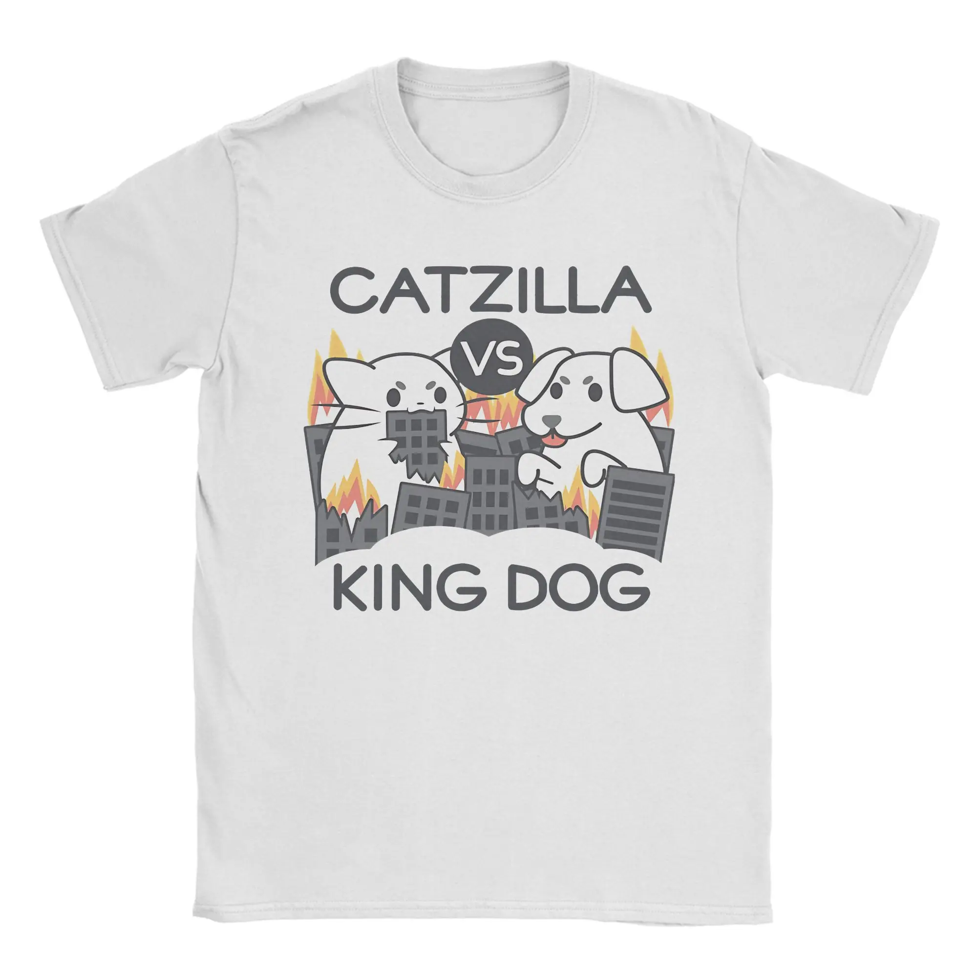 Catzilla vs King Dog لطيف القط تي شيرت الرجال خمر القطن تي شيرت Crewneck قصيرة الأكمام تي شيرت ملابس الكبار