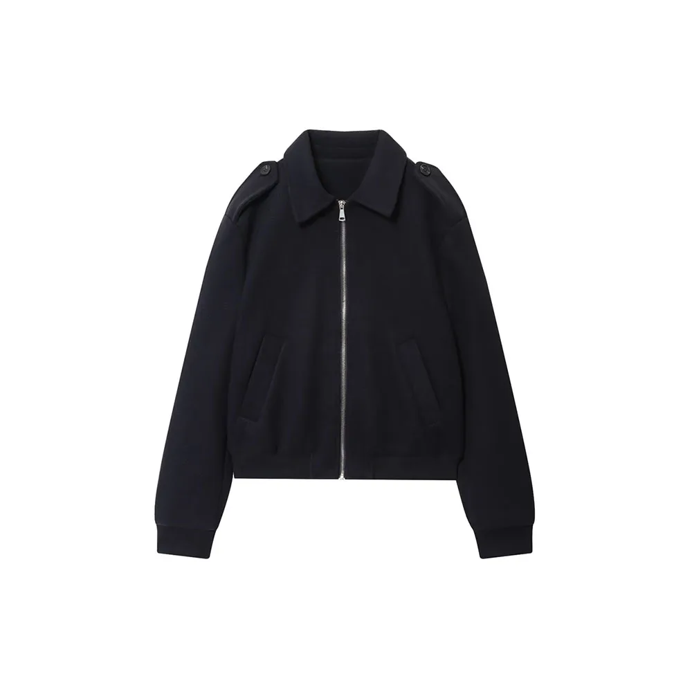 

Autumn new women's metal zipper ribbed wool blended flip-collar long-sleeved jacket