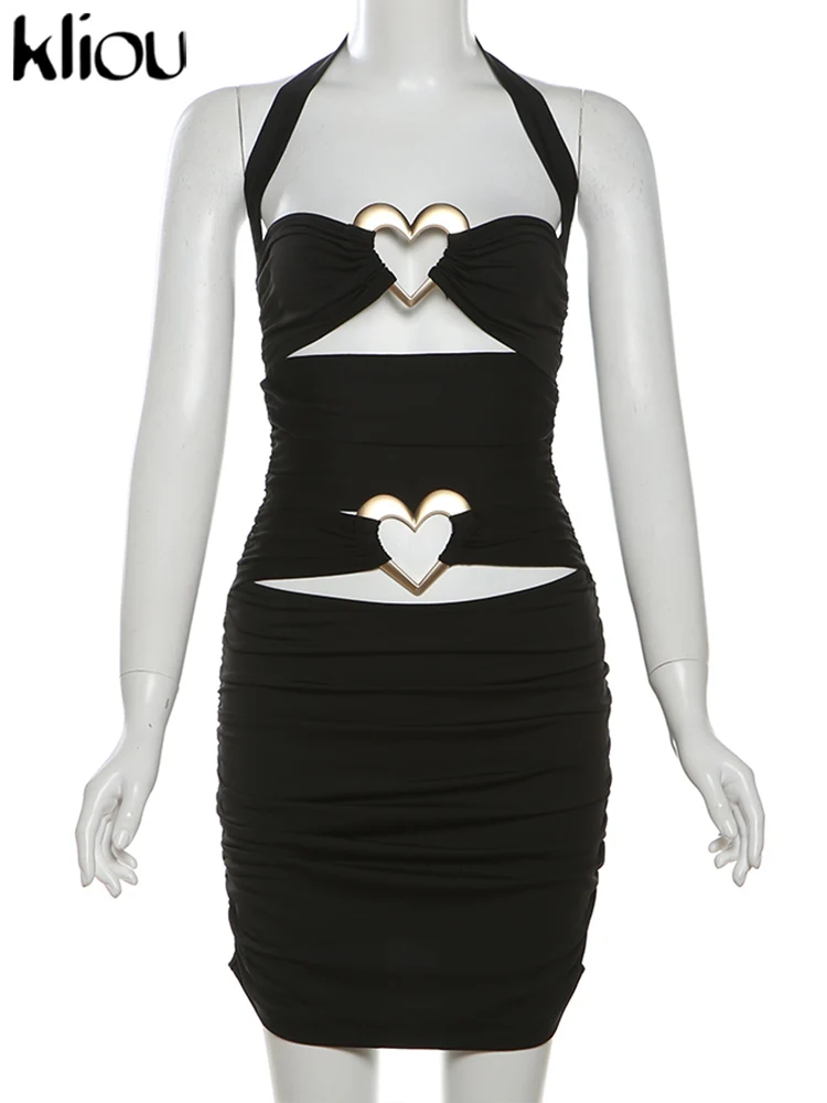 kliou Heart Shape Decoration Women Mini Dress Sexy Halter Sleeveless Hollow Out Shirring Bodycon Female Midnight Trend Clubwear