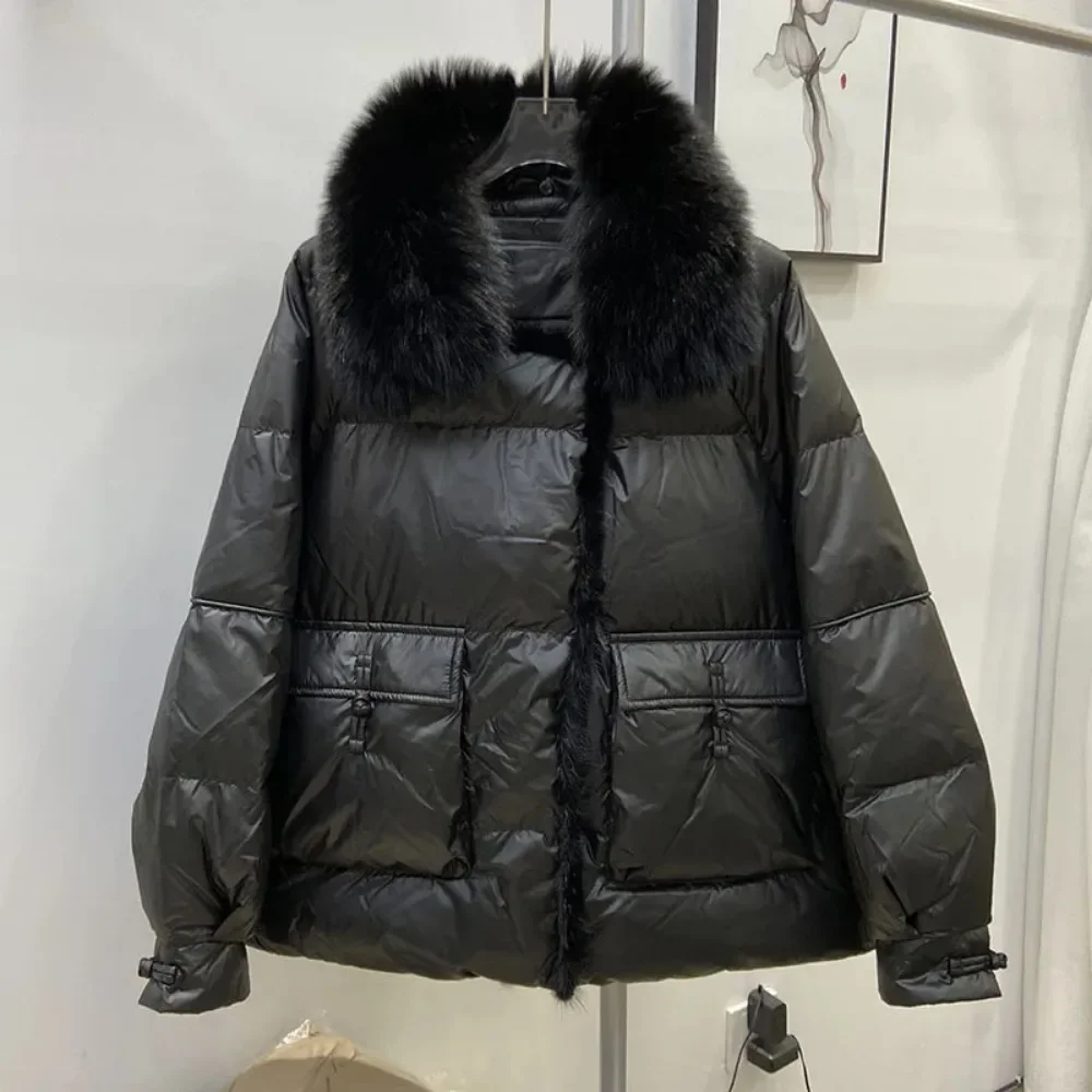 新しい女性ファッション秋冬リアルミンクの毛皮のコートナチュラルホワイトダックフェザーダウンジャケット高級アウタールーズストリートウェア